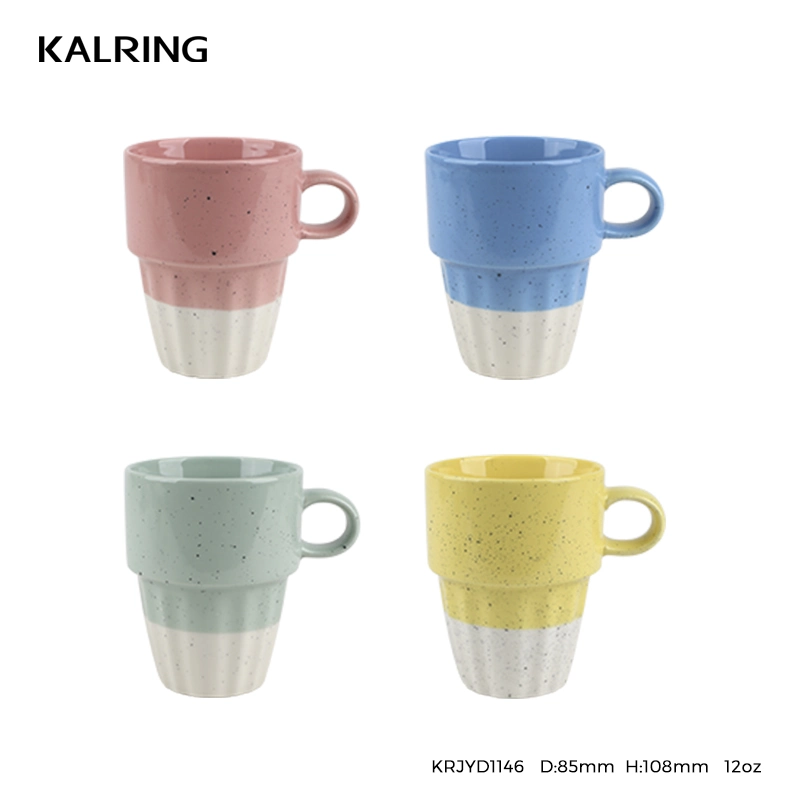 Kalring Best Selling 350cc 12oz Ice Cream Color Glazed with Black Spot Embossed Ceramic Stackable Mug for Supermarket