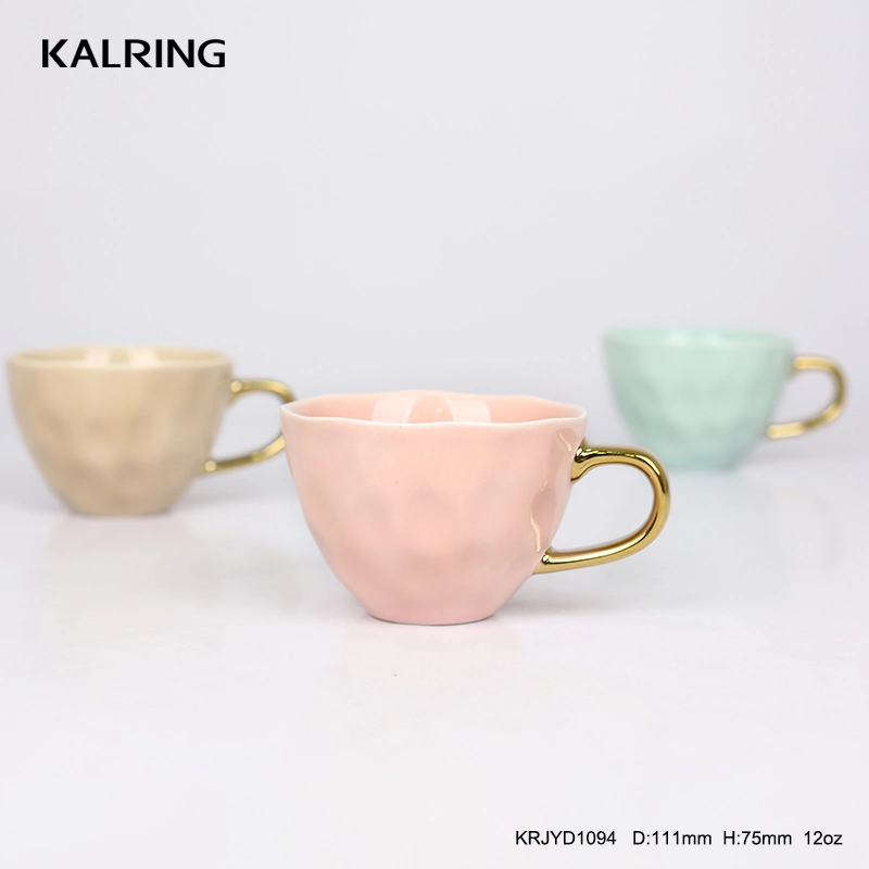 Kalring Color Glazed Gold Handle Wholesale/12oz/Electroplating /Embossed/New Bone China Material/Luxury Ceramic Mug for Daily Use Basic Customization