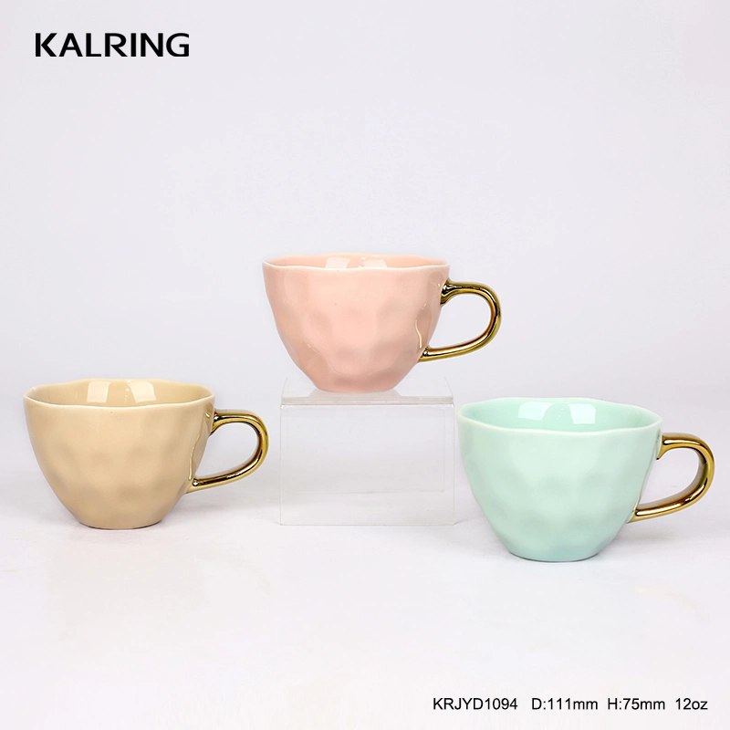 Kalring Color Glazed Gold Handle Wholesale/12oz/Electroplating /Embossed/New Bone China Material/Luxury Ceramic Mug for Daily Use Basic Customization