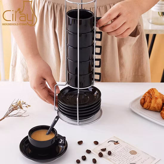 Stapelbare 85-ml-Espressotassen aus Keramik mit Untertassen und Metallständer 3 Unzen für Kaffee, 6er-Set